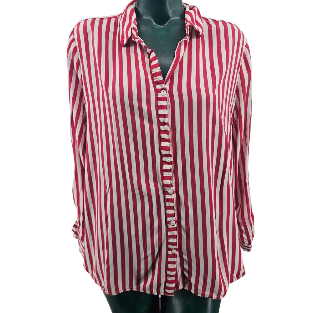 Jane & Delancey Red White Striped Asymmetrical Hem Blouse L Back Buttons 4162